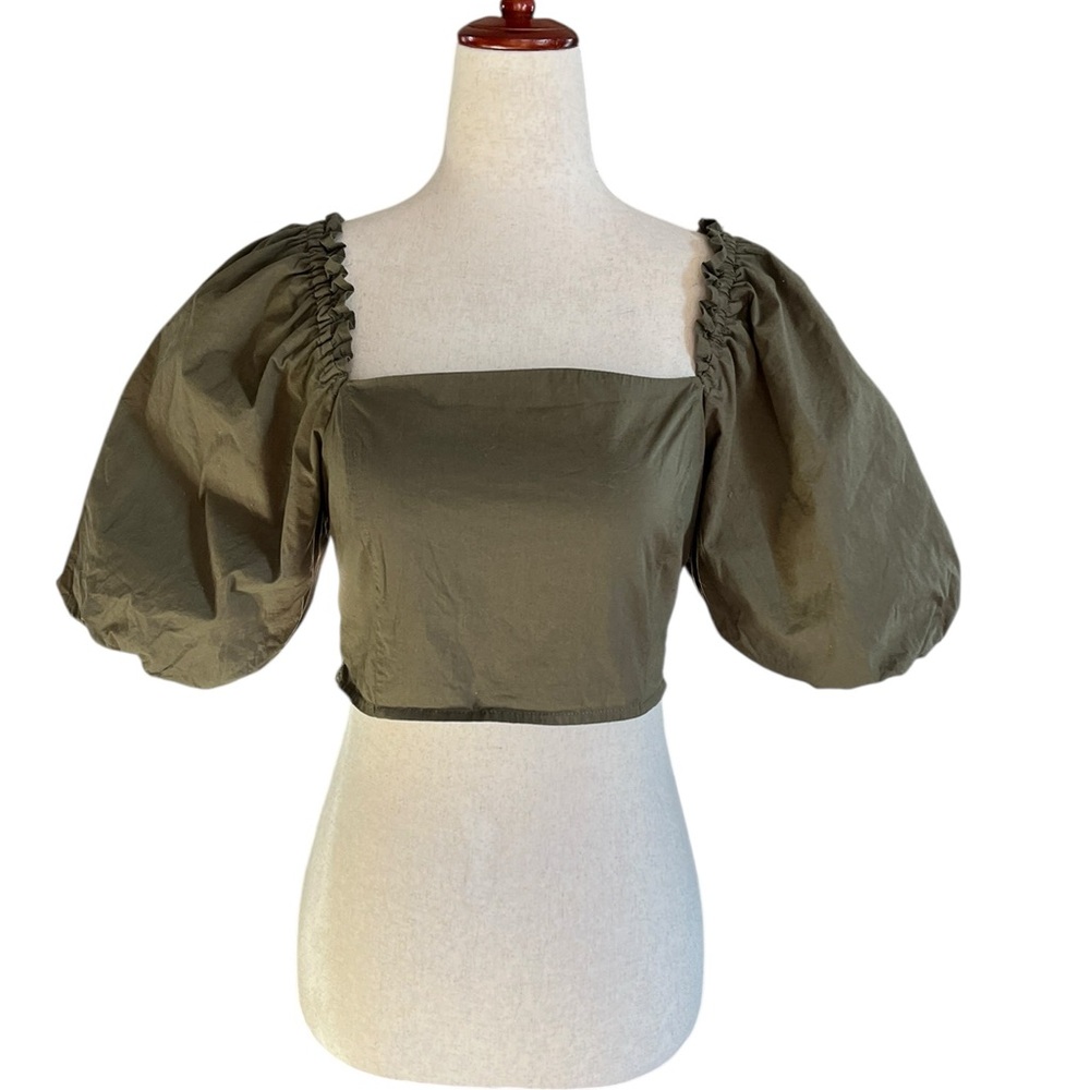 Jason Wu olive green square-neck puff sleeve crop top